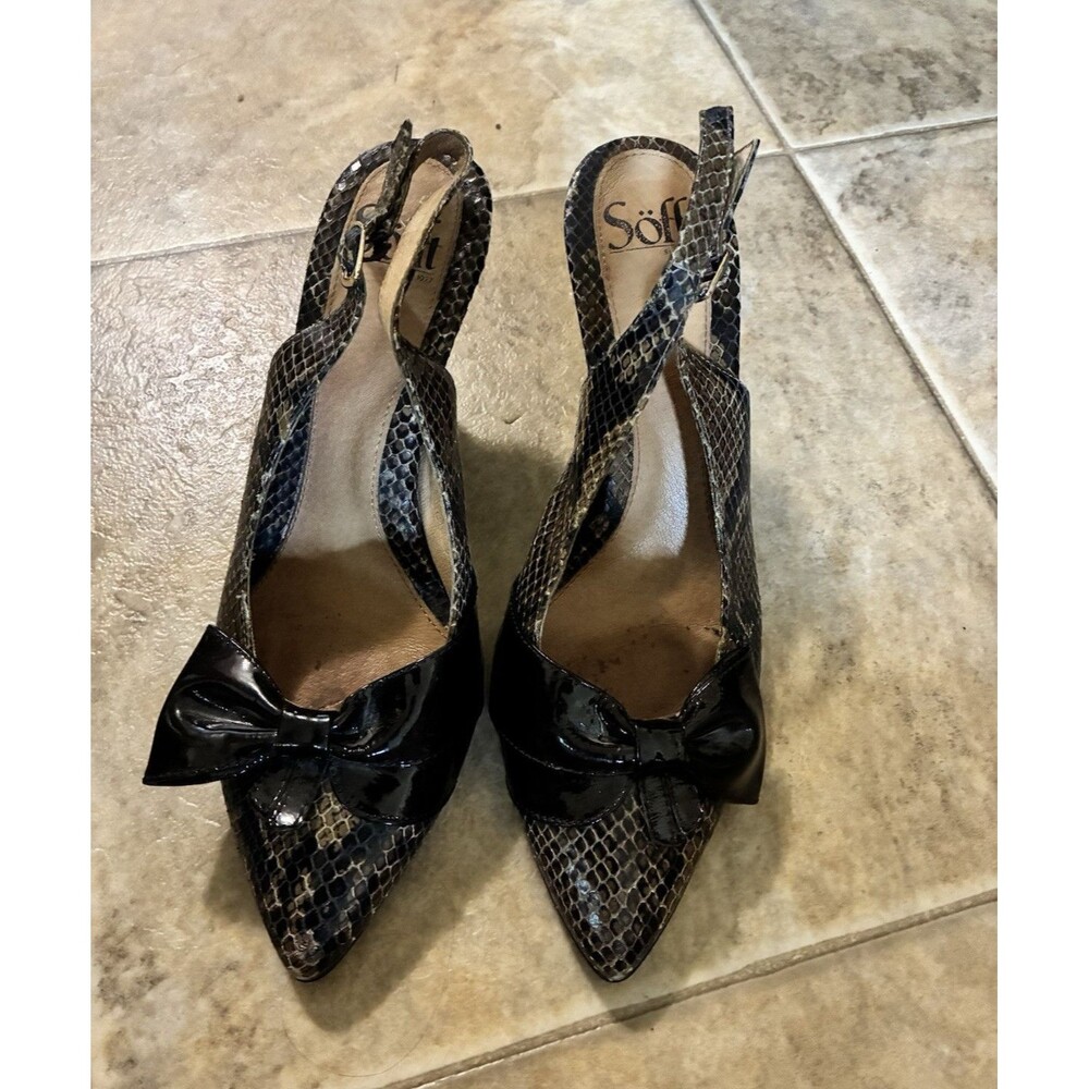 Sofft Womens Black Animal Print Bow Leather Slingback Pointed Toe Heels 8.5 READ